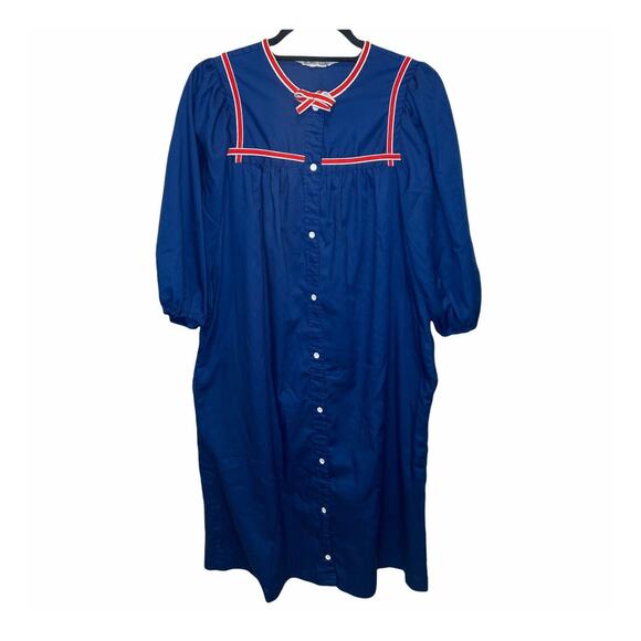VTG Models Coat Size M L ? Full Length House Coat Mumu Navy Blue Nautical Pocket - Picture 1 of 7